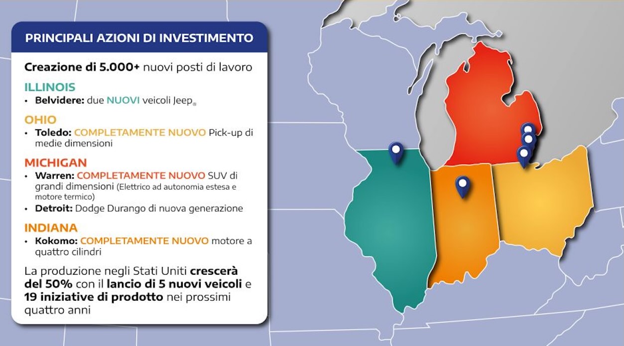 La mappa dell'investimenti di Stellantis con i quattro centri produttivi coinvolti